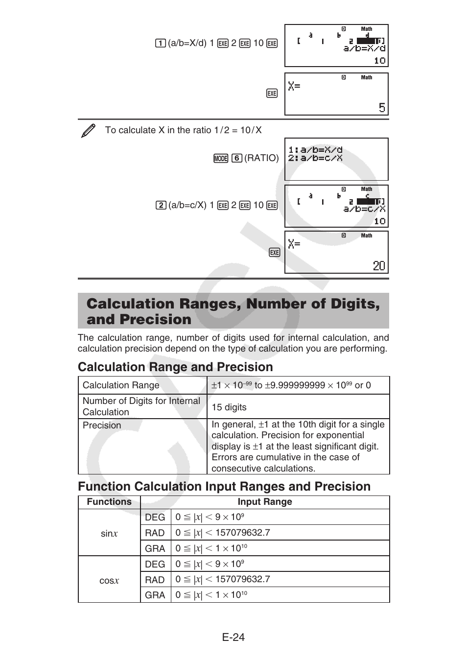 Calculation range and precision, Function calculation input ranges and precision, E-24 | Casio fx-92B Collège 2D+ User Manual | Page 25 / 31