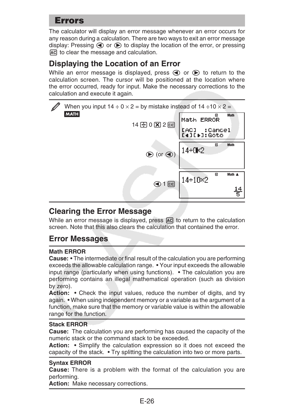 Errors, Displaying the location of an error, Clearing the error message | Error messages, E-26 | Casio fx-92B Collège 2D+ User Manual | Page 27 / 31