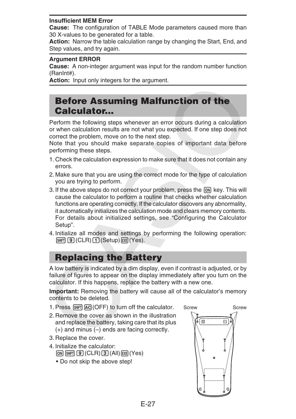 Before assuming malfunction of the calculator, Replacing the battery | Casio fx-92B Collège 2D+ User Manual | Page 28 / 31