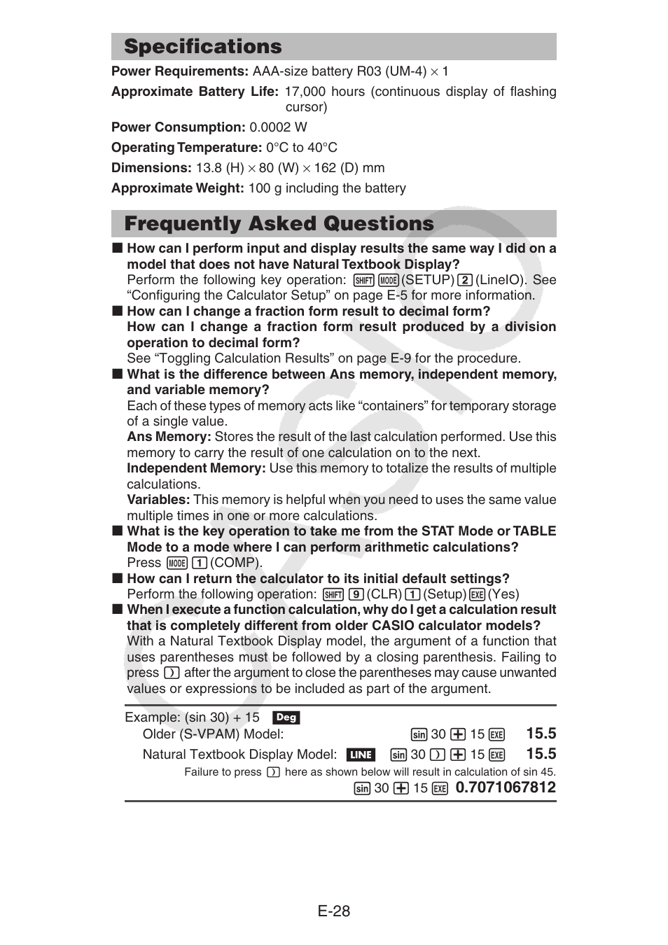 Specifications, Frequently asked questions | Casio fx-92B Collège 2D+ User Manual | Page 29 / 31