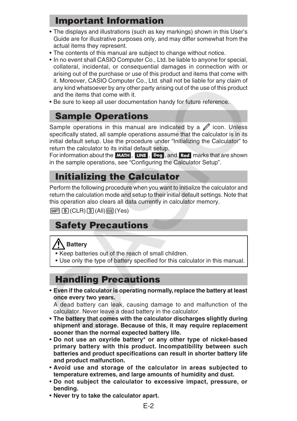 Important information, Sample operations, Initializing the calculator | Safety precautions, Handling precautions | Casio fx-92B Collège 2D+ User Manual | Page 3 / 31