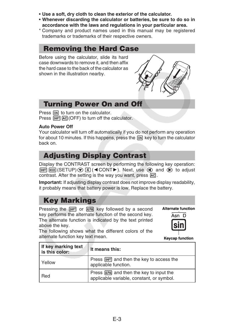 Removing the hard case, Turning power on and off, Adjusting display contrast | Key markings | Casio fx-92B Collège 2D+ User Manual | Page 4 / 31