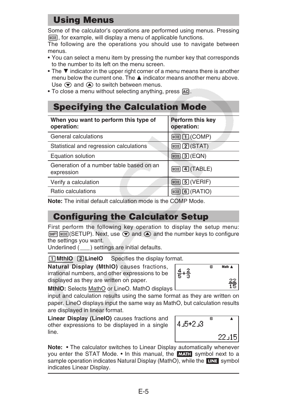 Using menus, Specifying the calculation mode, Configuring the calculator setup | Casio fx-92B Collège 2D+ User Manual | Page 6 / 31