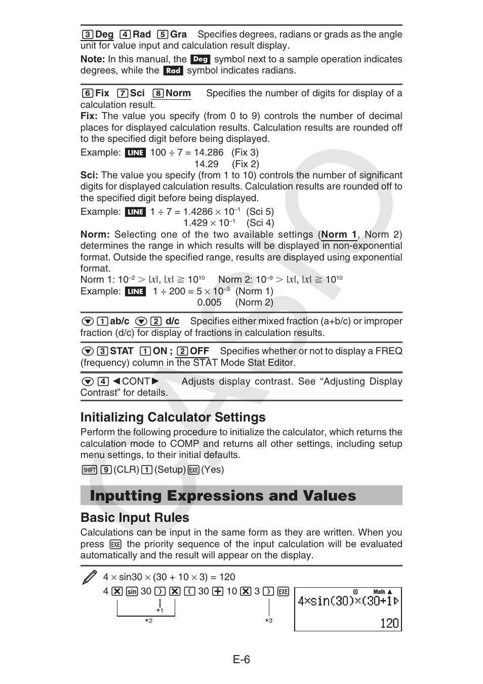 Inputting expressions and values, Initializing calculator settings, Basic input rules | Casio fx-92B Collège 2D+ User Manual | Page 7 / 31