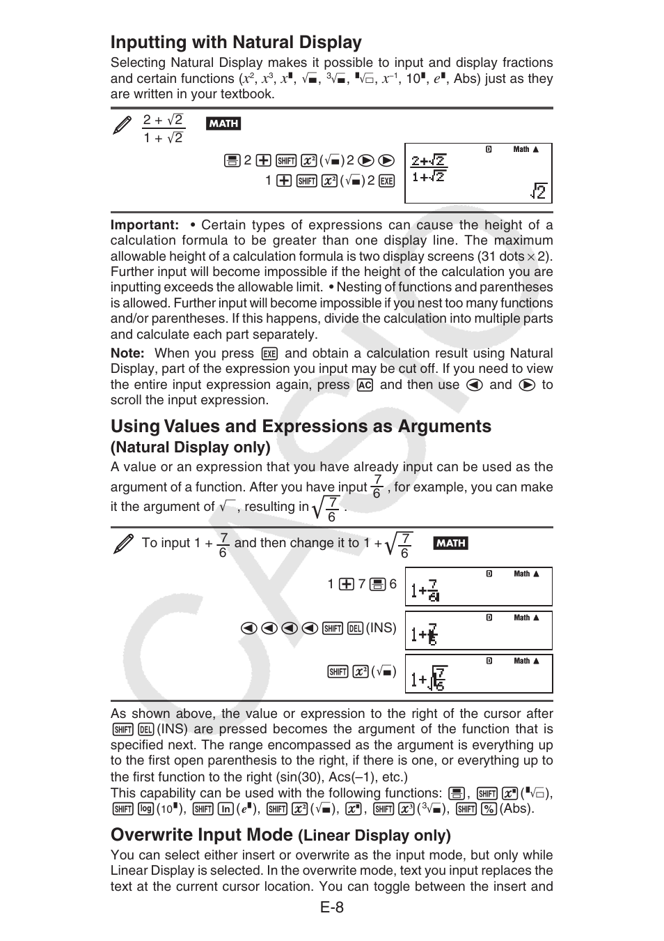 Inputting with natural display, Using values and expressions as arguments, Overwrite input mode | Natural display only), Linear display only) | Casio fx-92B Collège 2D+ User Manual | Page 9 / 31