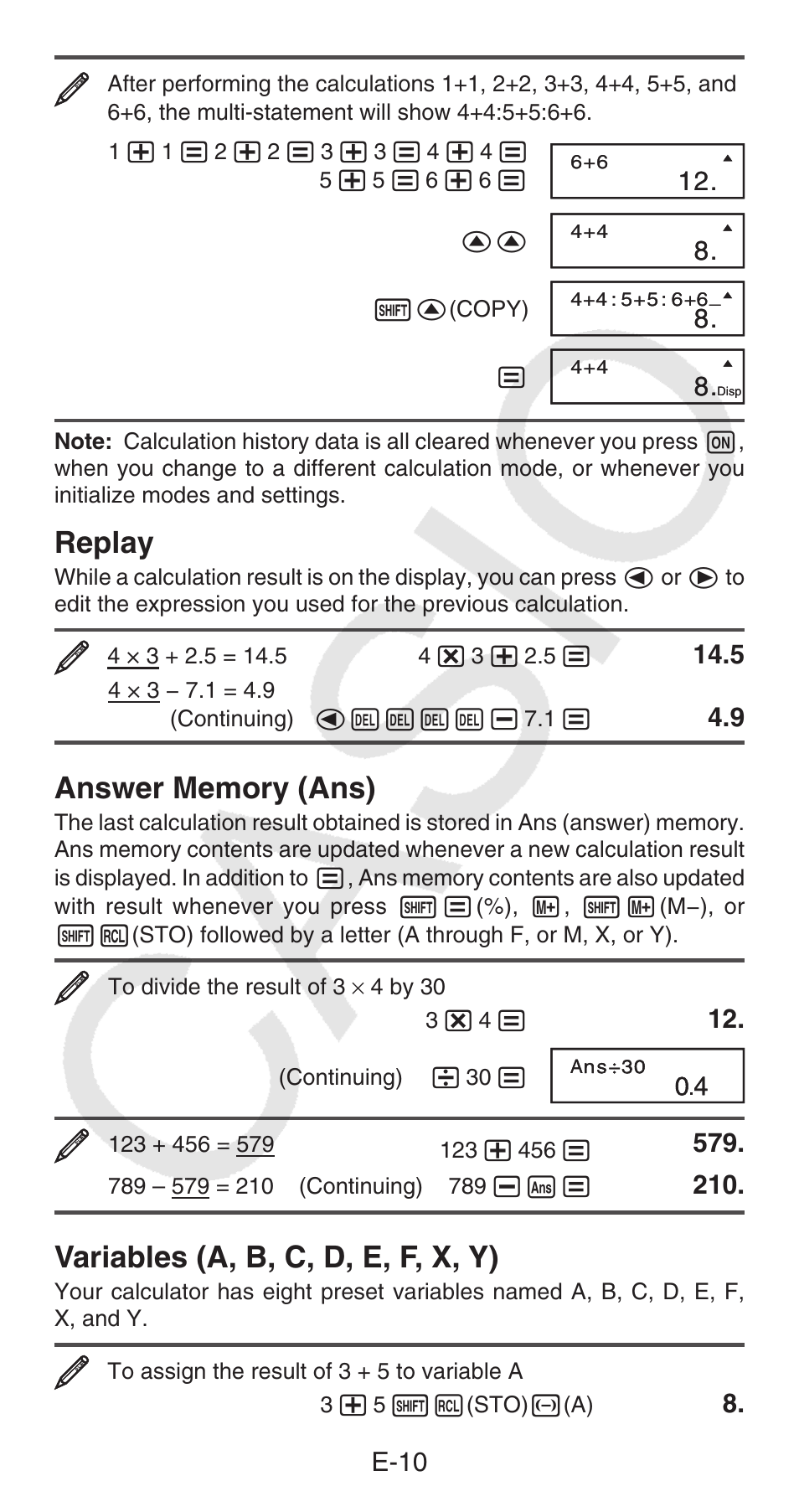 Replay, Variables (a, b, c, d, e, f, x, y), E-10 | Casio FX-100MS User Manual | Page 11 / 39