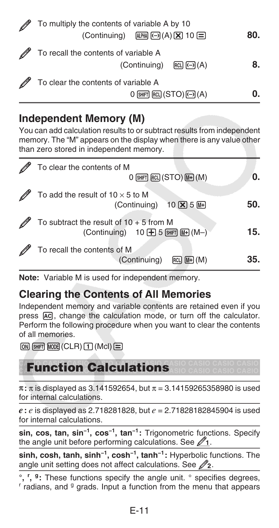 Function calculations, E-11 | Casio FX-100MS User Manual | Page 12 / 39