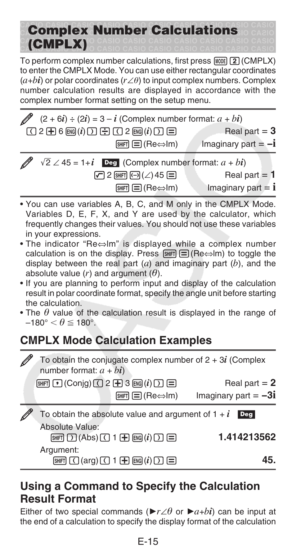 Complex number calculations (cmplx), Cmplx mode calculation examples | Casio FX-100MS User Manual | Page 16 / 39
