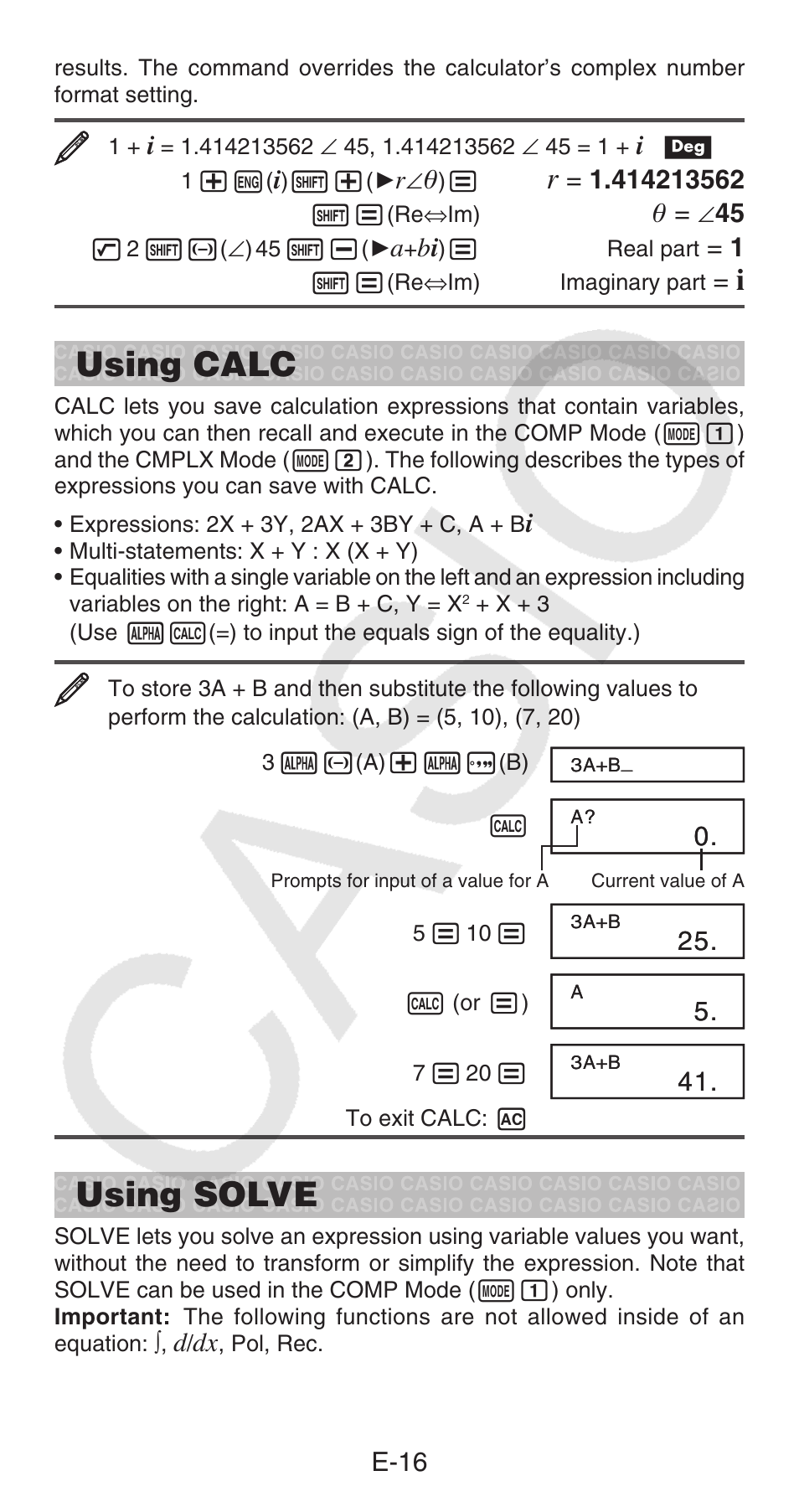 Using calc, Using solve, E-16 | Casio FX-100MS User Manual | Page 17 / 39