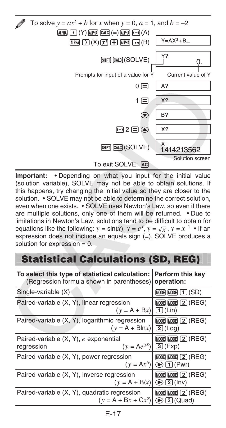 Statistical calculations (sd, reg), E-17 | Casio FX-100MS User Manual | Page 18 / 39