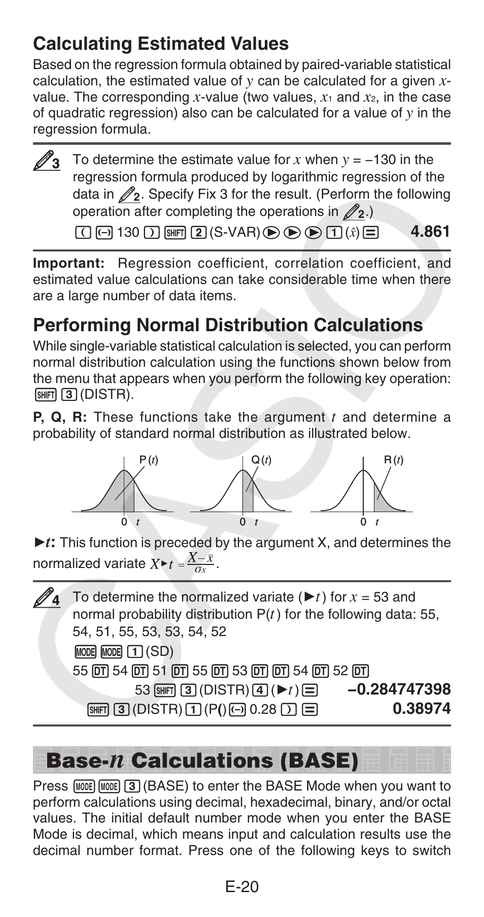 Base, Calculations (base), Calculating estimated values | Performing normal distribution calculations, E-20 | Casio FX-100MS User Manual | Page 21 / 39