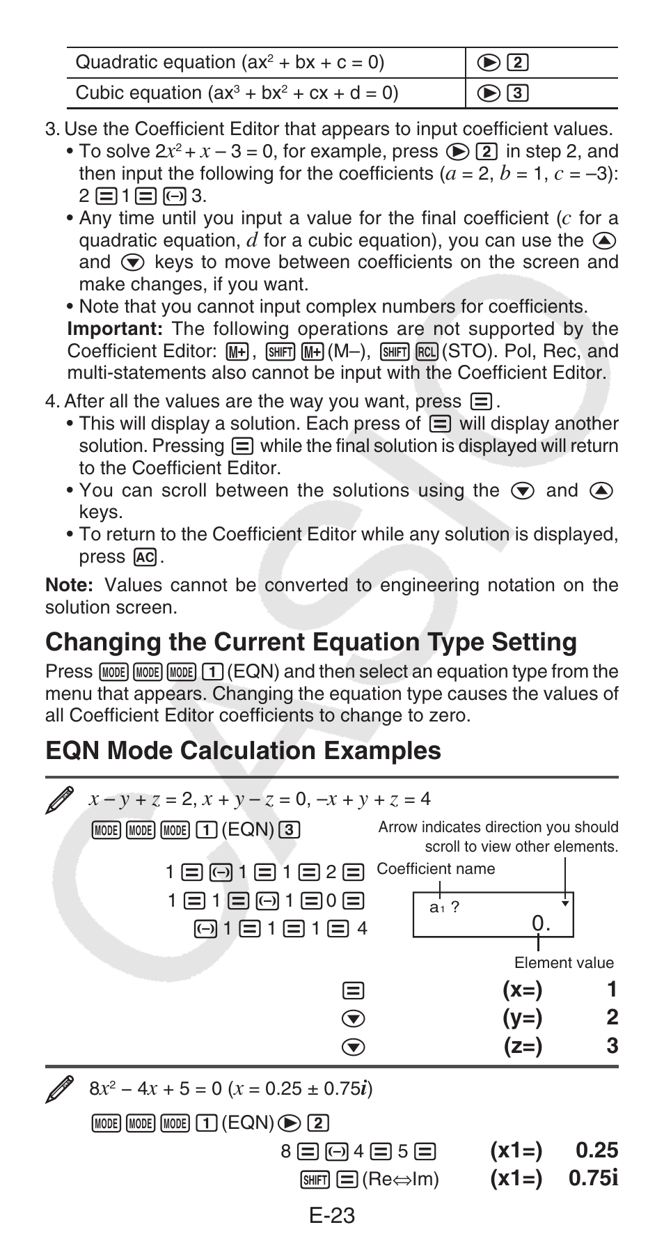 Changing the current equation type setting, Eqn mode calculation examples, E-23 | X=) 1, Y=) 2, Z=) 3, X1=) 0.25, X1=) 0.75 | Casio FX-100MS User Manual | Page 24 / 39