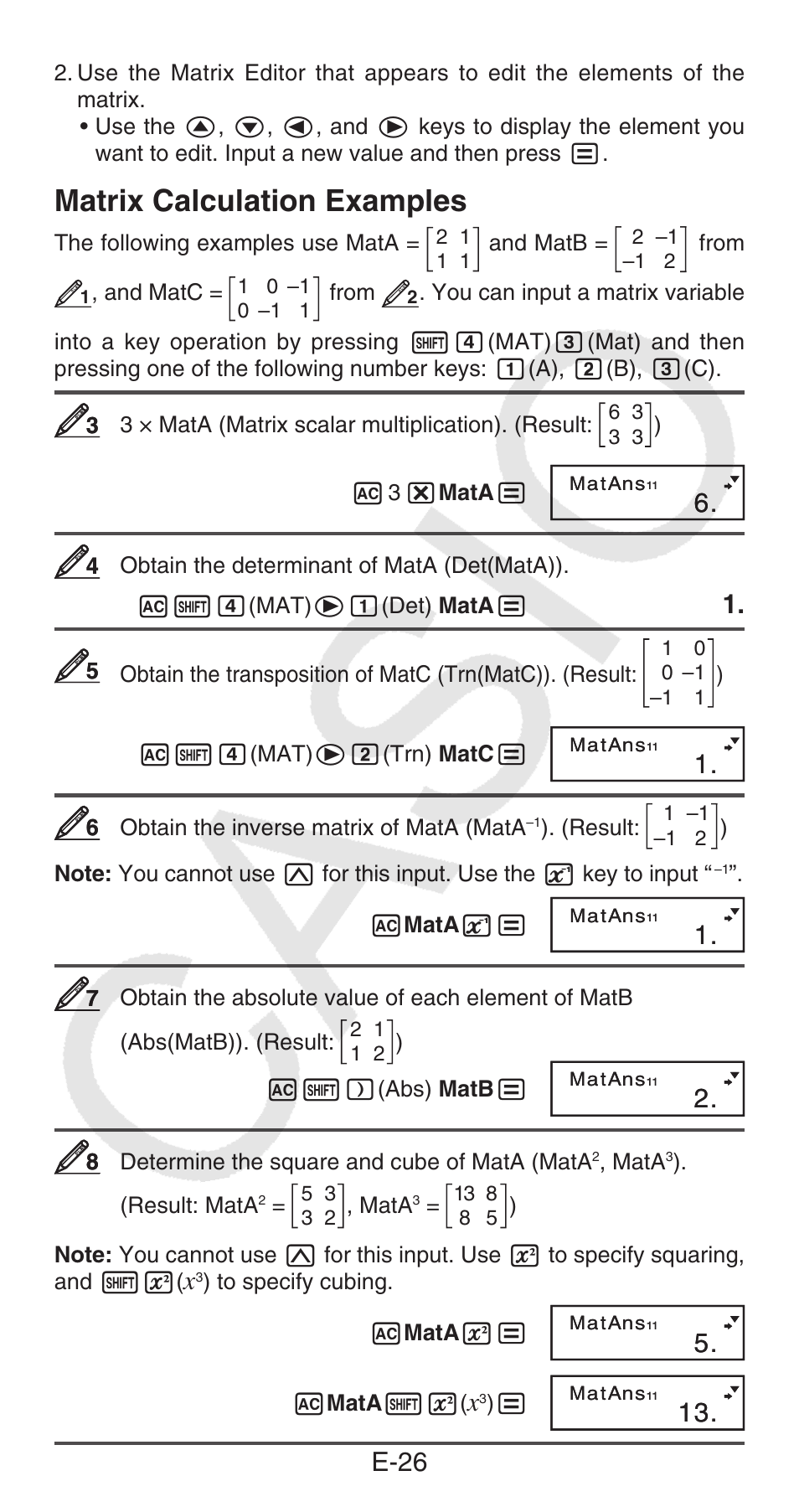 Matrix calculation examples, E-26 | Casio FX-100MS User Manual | Page 27 / 39