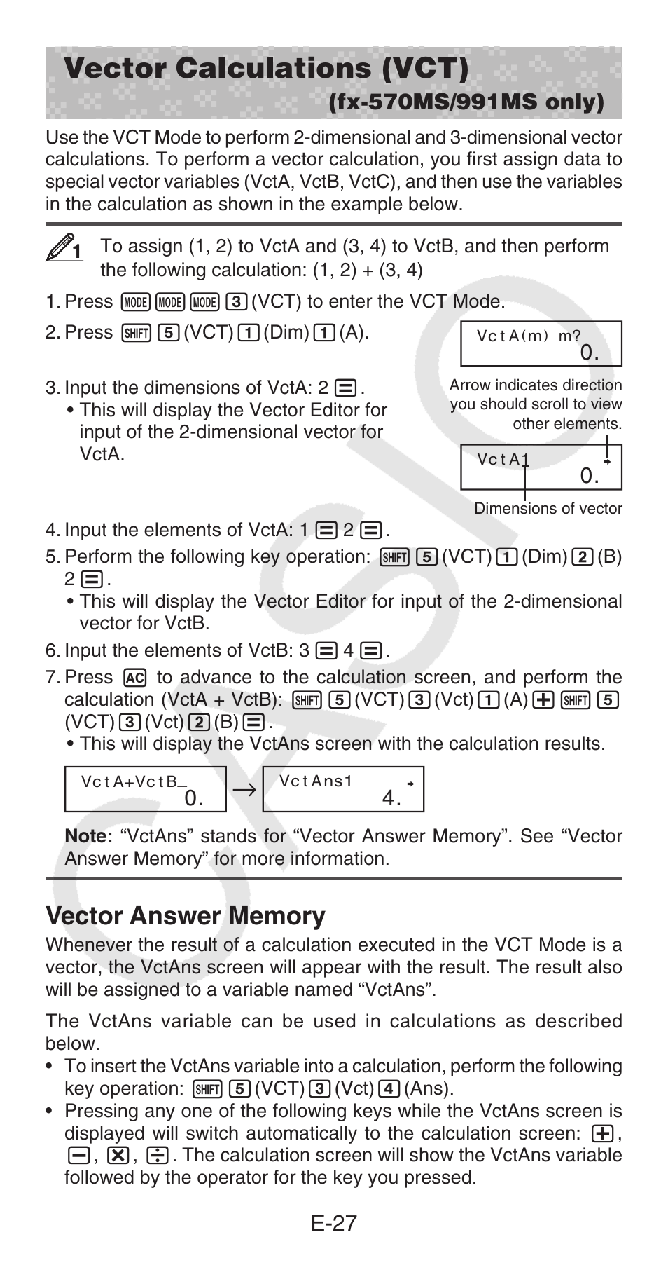 Vector calculations (vct), E-27 | Casio FX-100MS User Manual | Page 28 / 39
