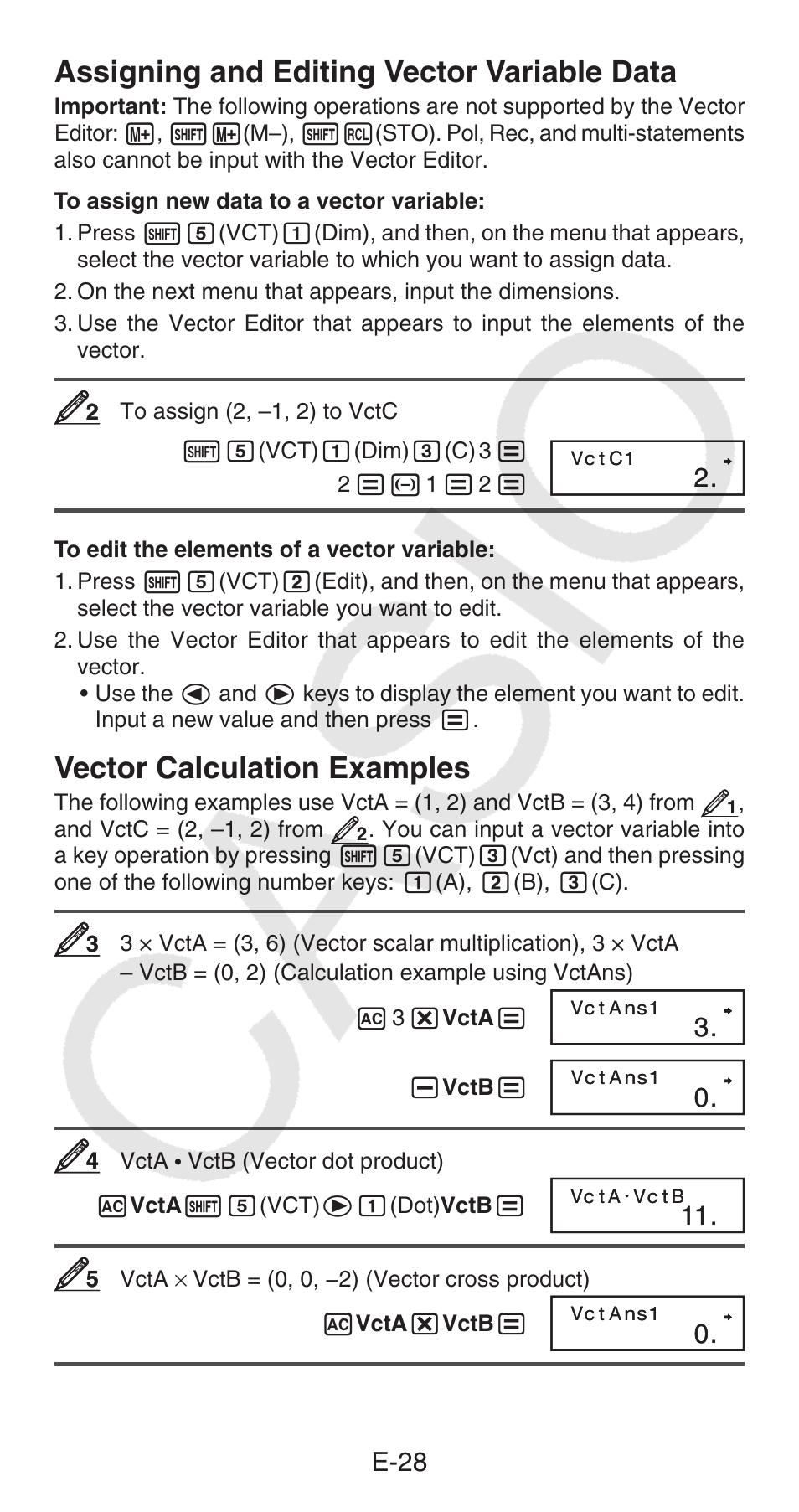 Assigning and editing vector variable data, Vector calculation examples, E-28 | Casio FX-100MS User Manual | Page 29 / 39