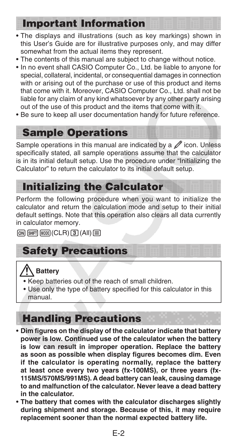Important information, Sample operations, Initializing the calculator | Safety precautions, Handling precautions | Casio FX-100MS User Manual | Page 3 / 39