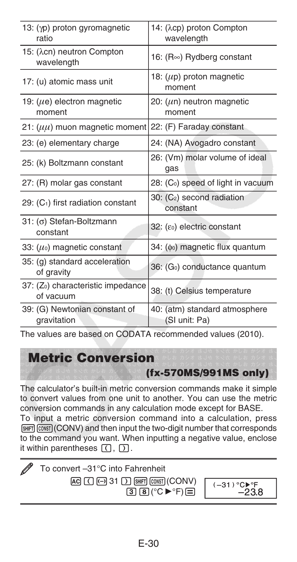 Metric conversion, E-30 | Casio FX-100MS User Manual | Page 31 / 39