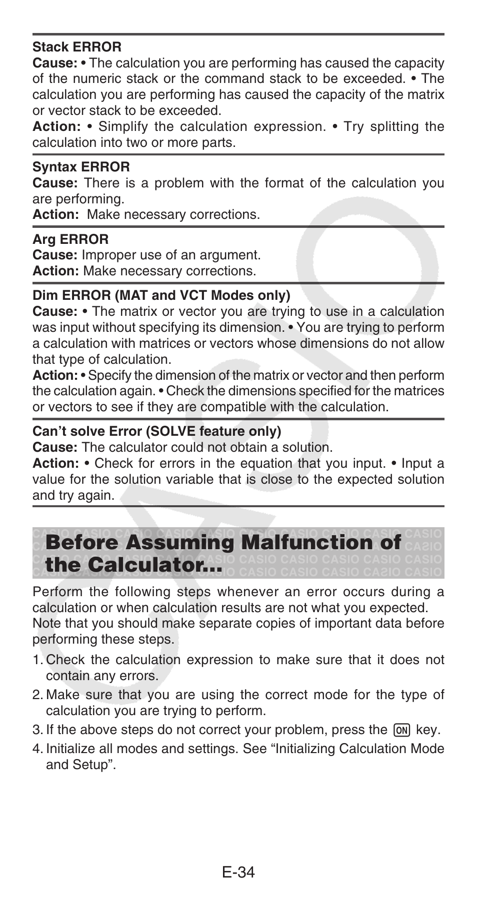 Before assuming malfunction of the calculator, E-34 | Casio FX-100MS User Manual | Page 35 / 39