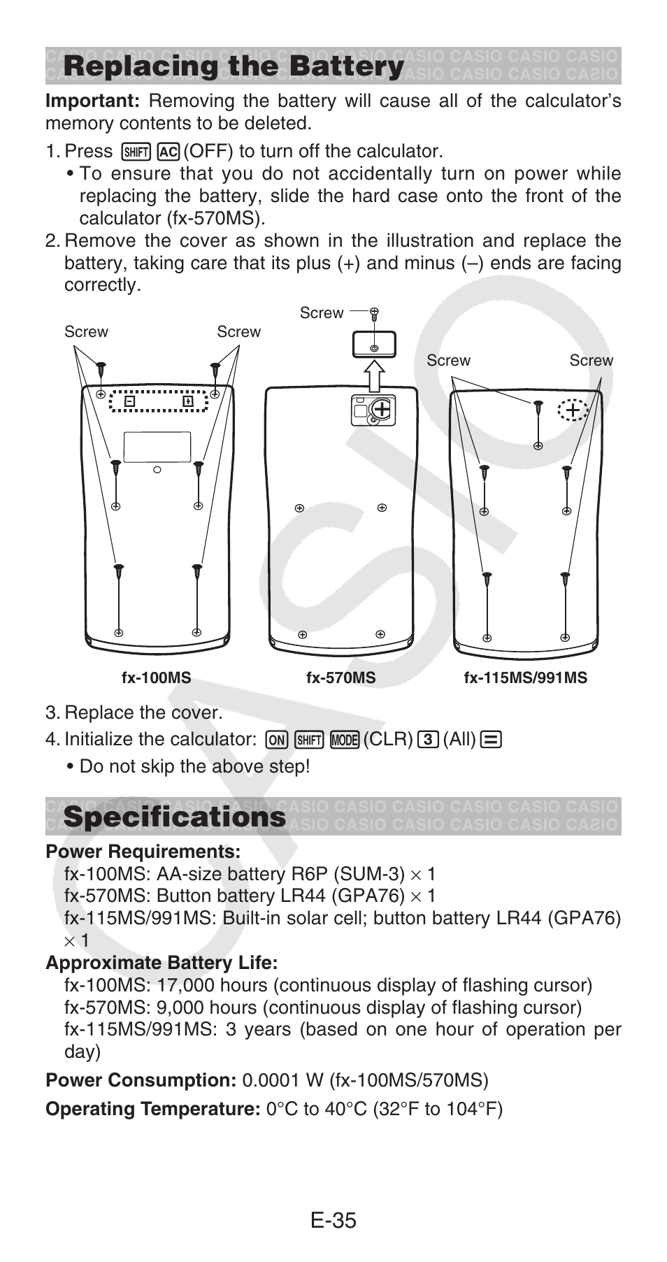 Replacing the battery, Specifications, E-35 | Casio FX-100MS User Manual | Page 36 / 39