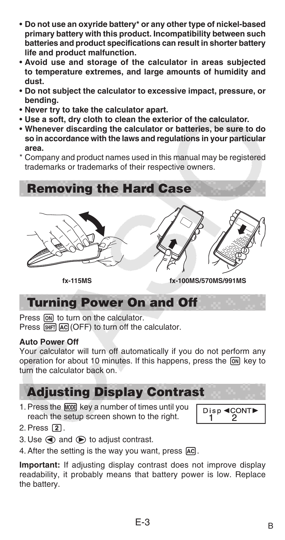 Removing the hard case, Turning power on and off, Adjusting display contrast | Casio FX-100MS User Manual | Page 4 / 39