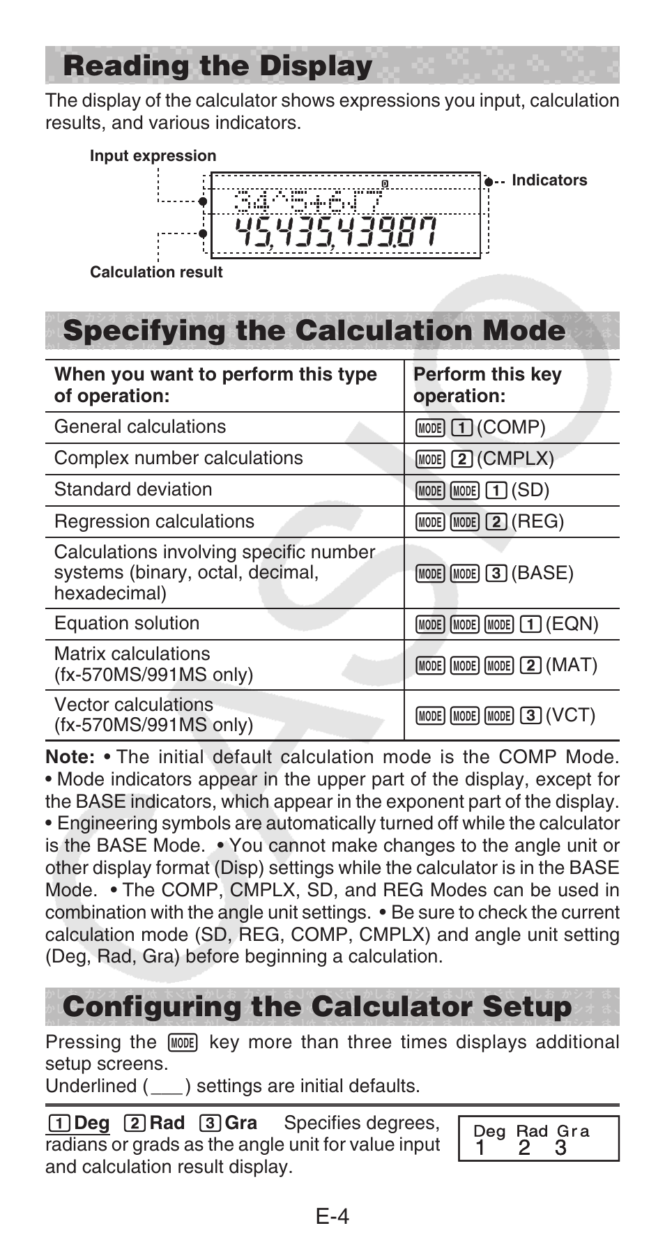 Reading the display, Specifying the calculation mode, Configuring the calculator setup | Casio FX-100MS User Manual | Page 5 / 39