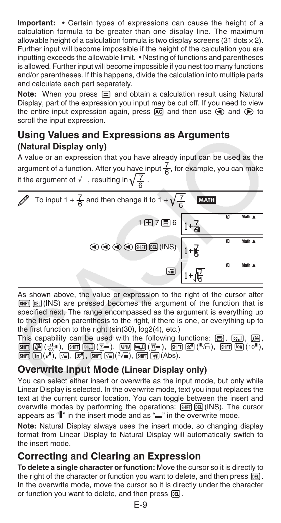 Using values and expressions as arguments, Overwrite input mode, Correcting and clearing an expression | Natural display only), Linear display only) | Casio fx-115ES PLUS User Manual | Page 10 / 59