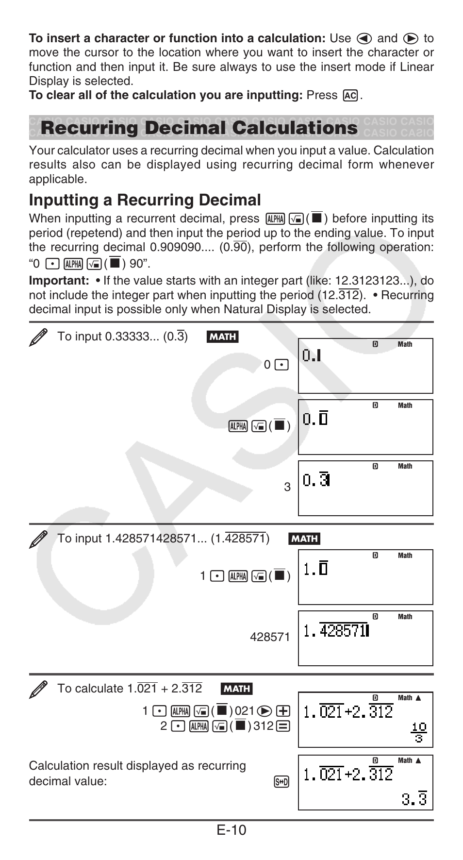 Recurring decimal calculations, Inputting a recurring decimal, E-10 | Casio fx-115ES PLUS User Manual | Page 11 / 59