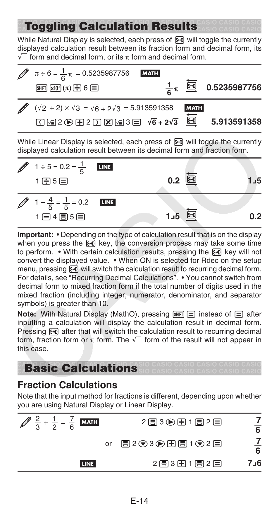 Toggling calculation results basic calculations, Toggling calculation results, Basic calculations | Fraction calculations | Casio fx-115ES PLUS User Manual | Page 15 / 59