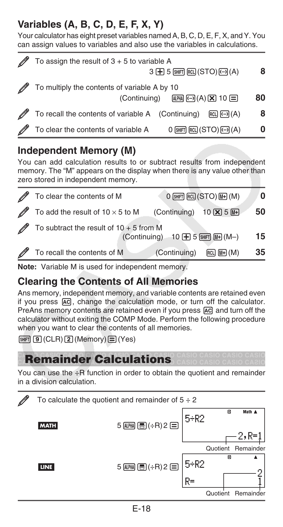 Remainder calculations, Variables (a, b, c, d, e, f, x, y) | Casio fx-115ES PLUS User Manual | Page 19 / 59