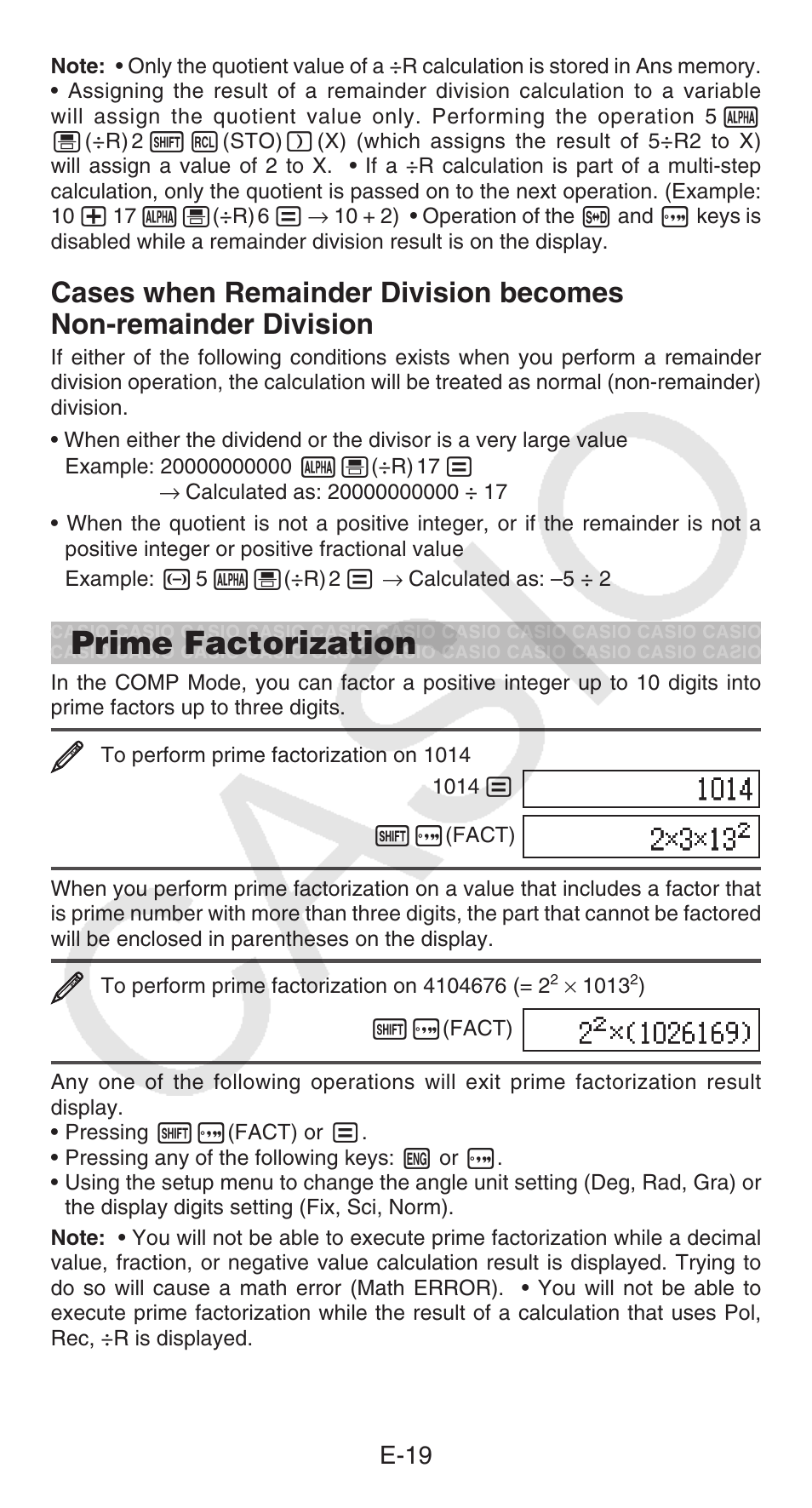 Prime factorization, E-19 | Casio fx-115ES PLUS User Manual | Page 20 / 59