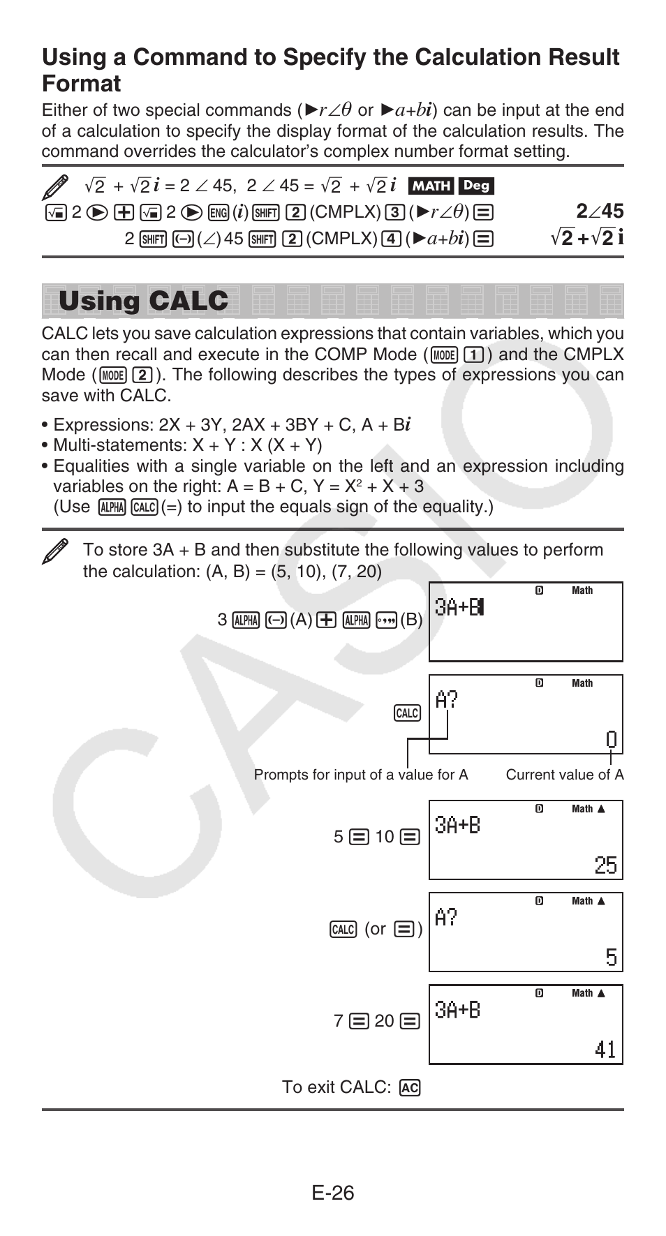 Using calc, E-26 | Casio fx-115ES PLUS User Manual | Page 27 / 59
