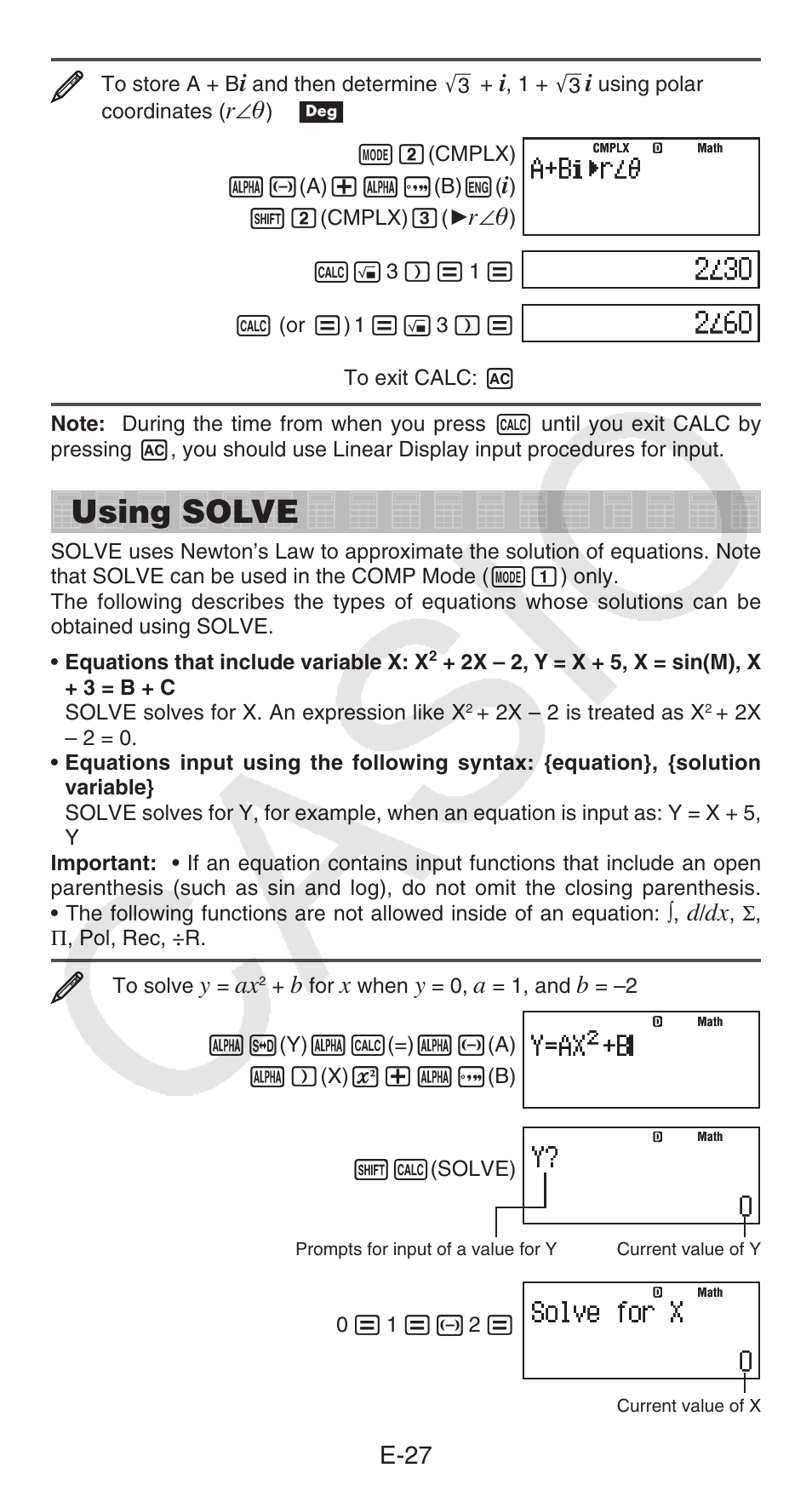 Using solve, E-27 | Casio fx-115ES PLUS User Manual | Page 28 / 59