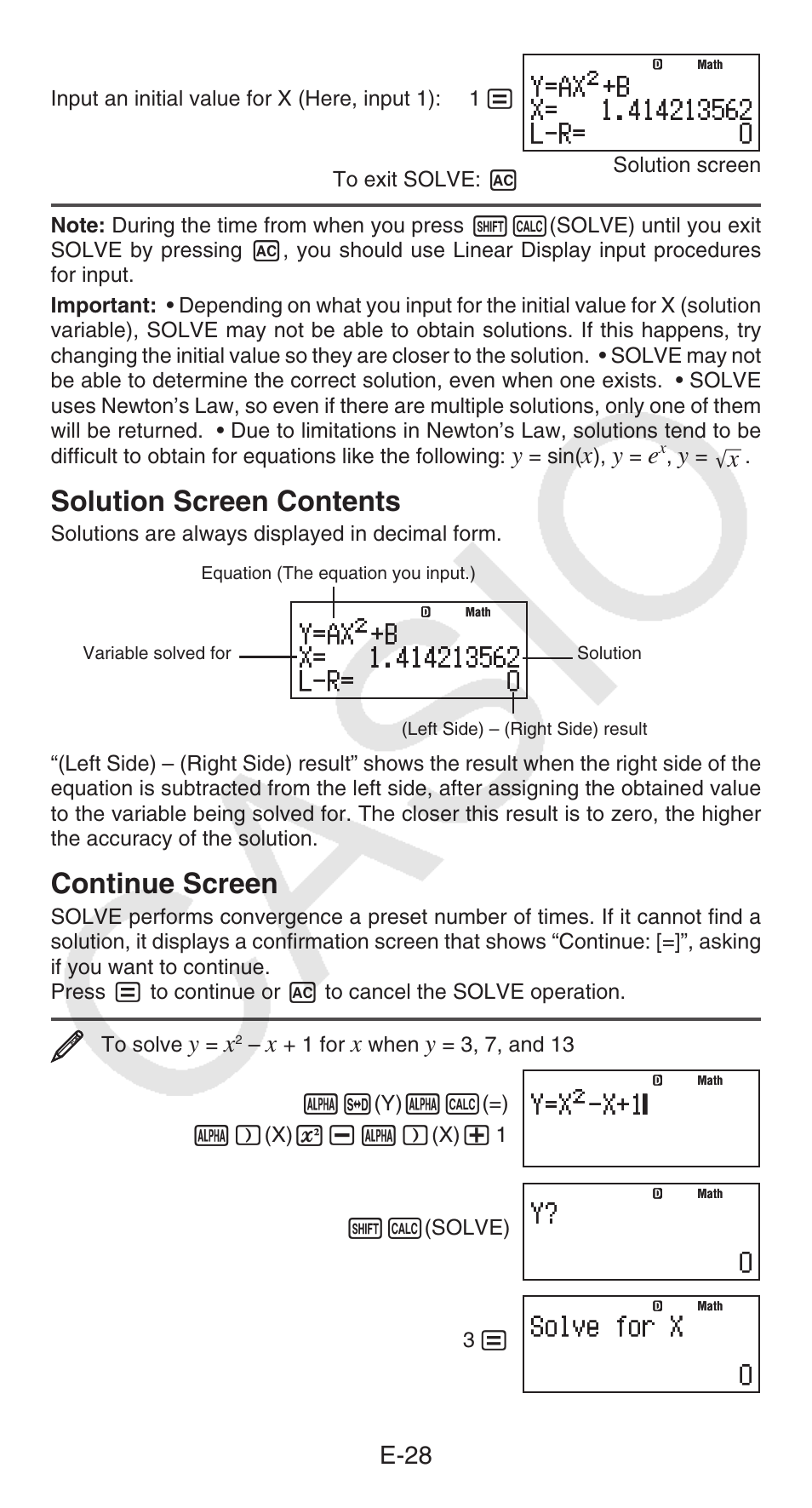 Solution screen contents, Continue screen, E-28 | Casio fx-115ES PLUS User Manual | Page 29 / 59