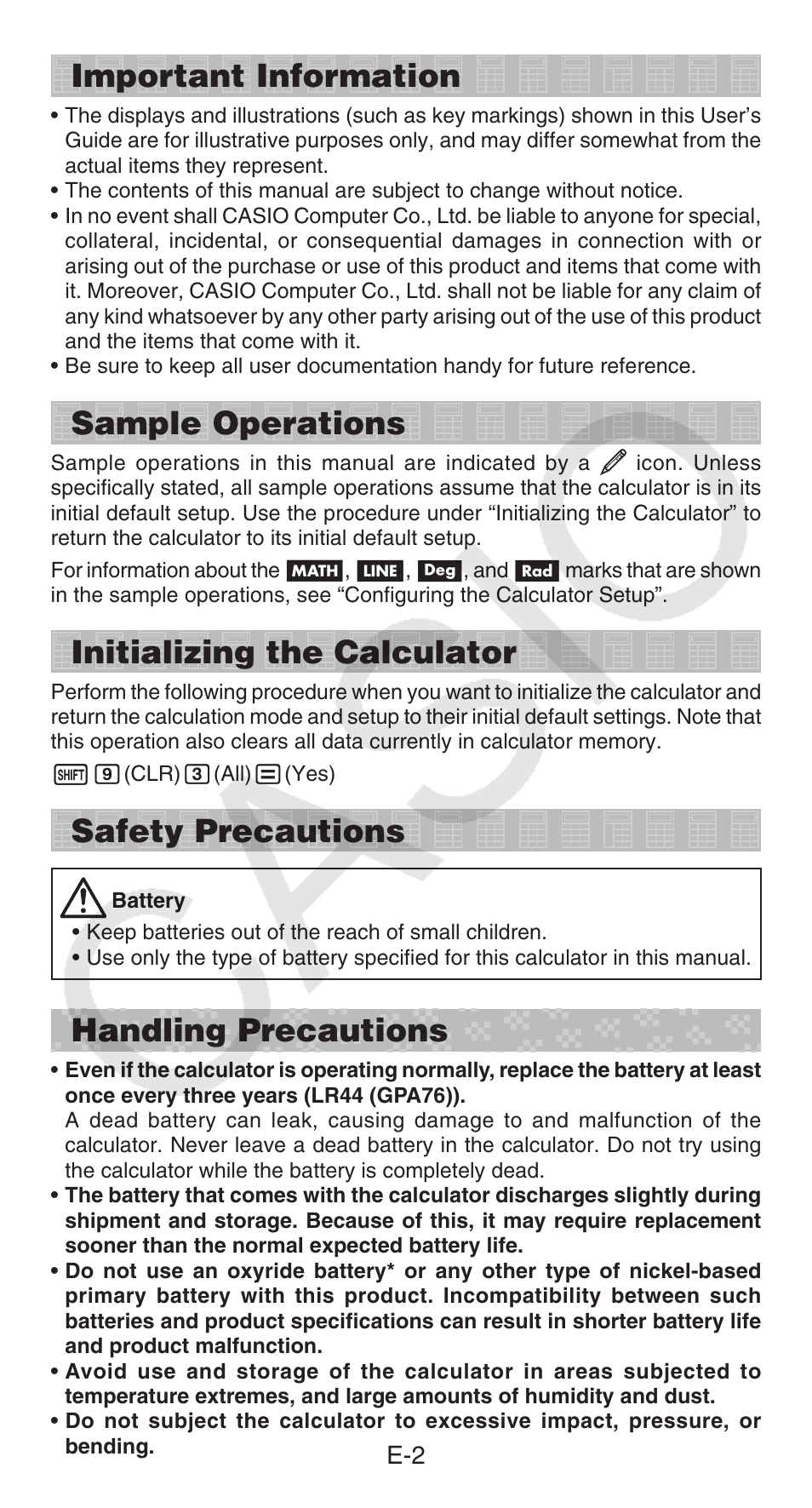Important information, Sample operations, Initializing the calculator | Safety precautions, Handling precautions | Casio fx-115ES PLUS User Manual | Page 3 / 59