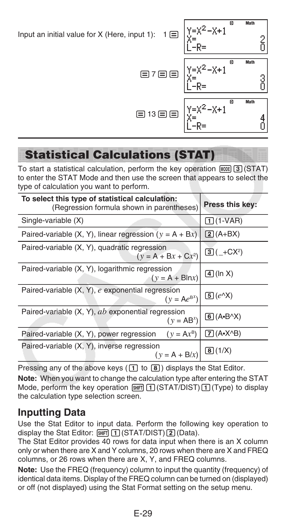 Statistical calculations (stat), Inputting data, E-29 | Casio fx-115ES PLUS User Manual | Page 30 / 59