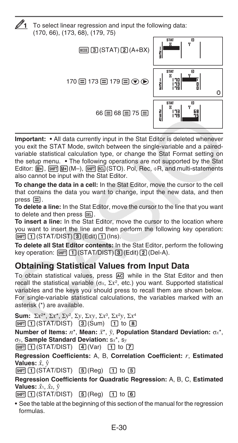 Obtaining statistical values from input data, E-30 | Casio fx-115ES PLUS User Manual | Page 31 / 59