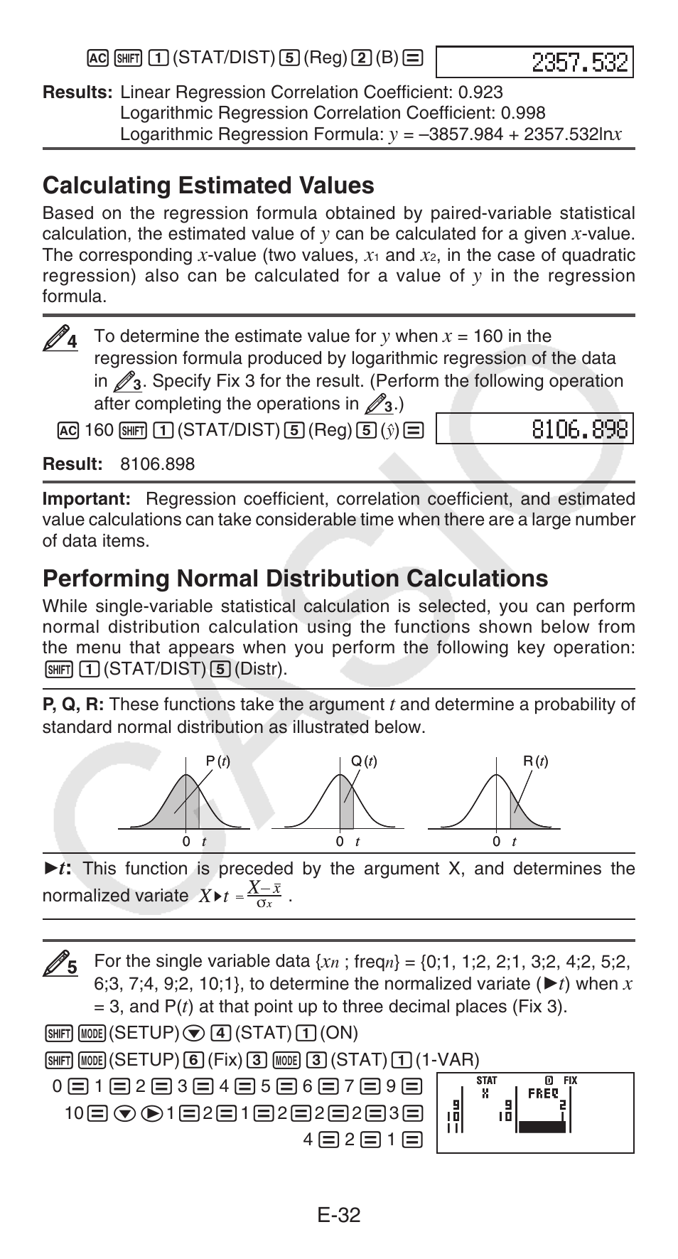 Calculating estimated values, Performing normal distribution calculations, E-32 | Casio fx-115ES PLUS User Manual | Page 33 / 59