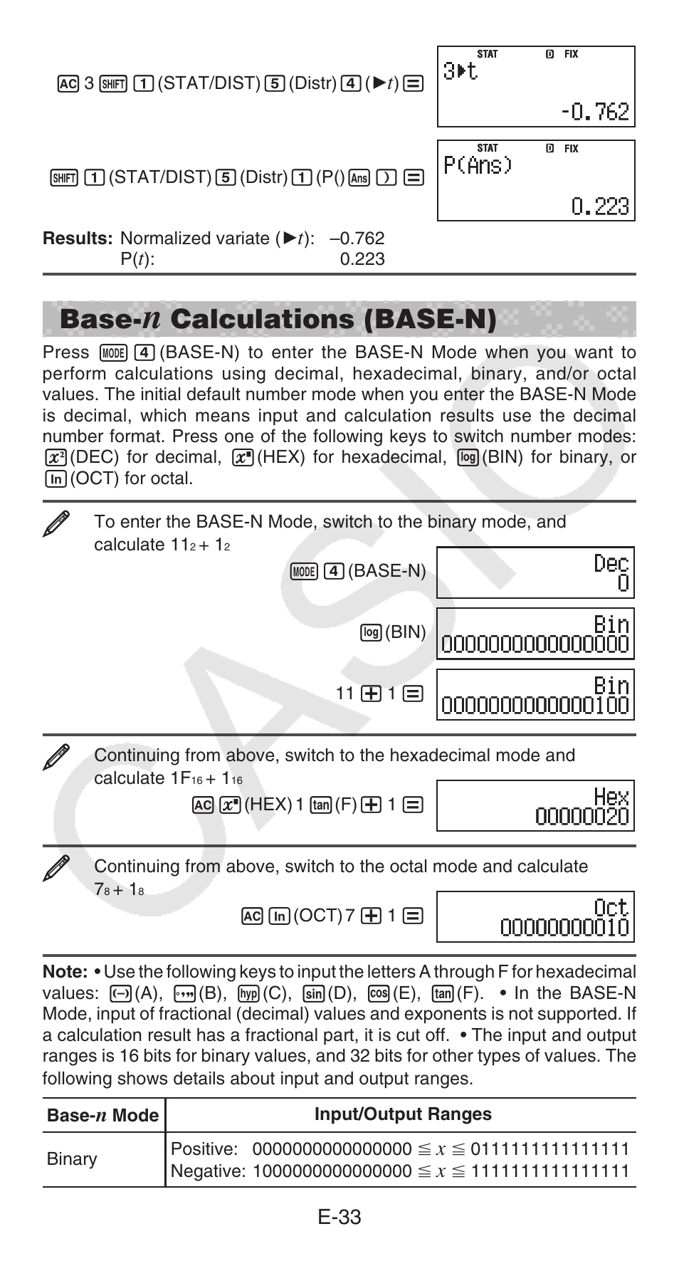 Base, Calculations (base-n), E-33 | Casio fx-115ES PLUS User Manual | Page 34 / 59