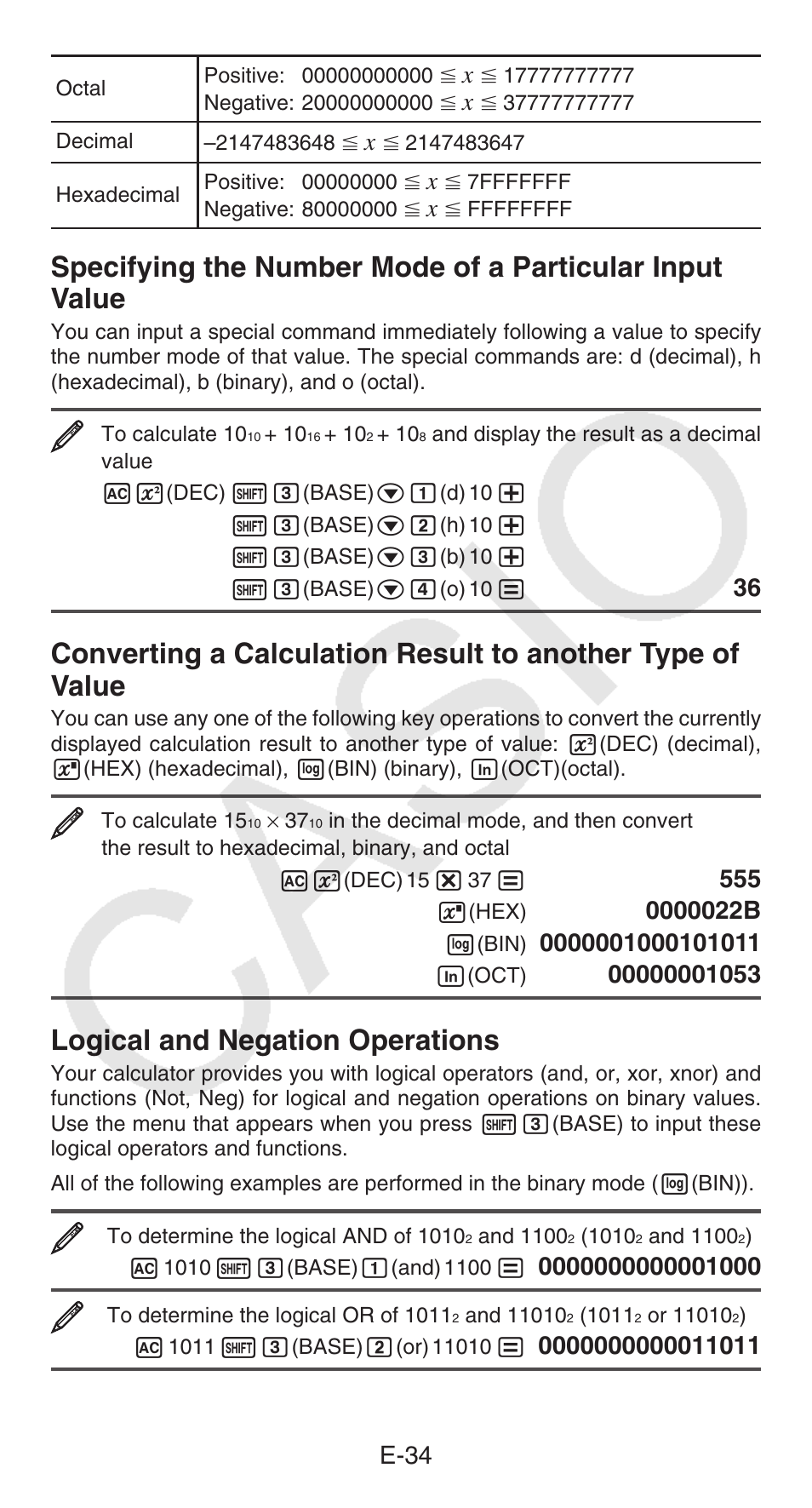Logical and negation operations, E-34 | Casio fx-115ES PLUS User Manual | Page 35 / 59