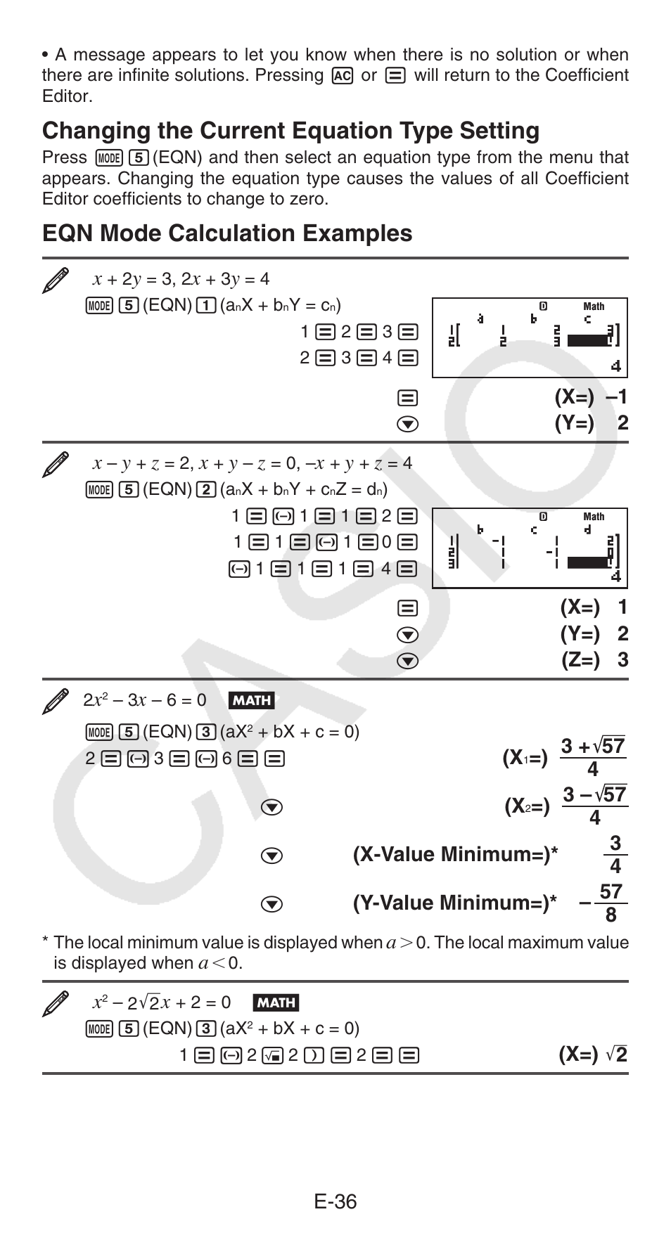 Changing the current equation type setting, Eqn mode calculation examples, E-36 | X=) –1, Y=) 2, X=) 1, Z=) 3, X-value minimum=), Y-value minimum=) | Casio fx-115ES PLUS User Manual | Page 37 / 59