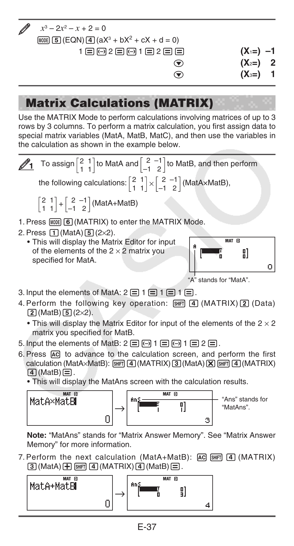 Matrix calculations (matrix), E-37 | Casio fx-115ES PLUS User Manual | Page 38 / 59