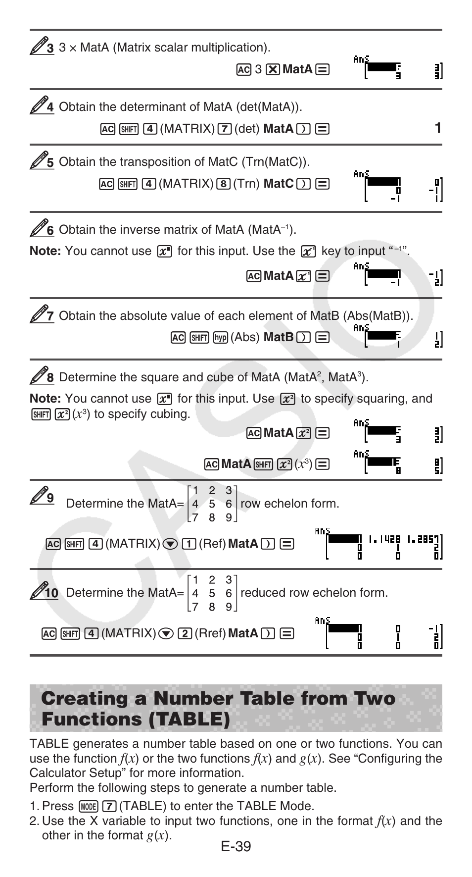 Creating a number table from two functions (table), E-39 | Casio fx-115ES PLUS User Manual | Page 40 / 59