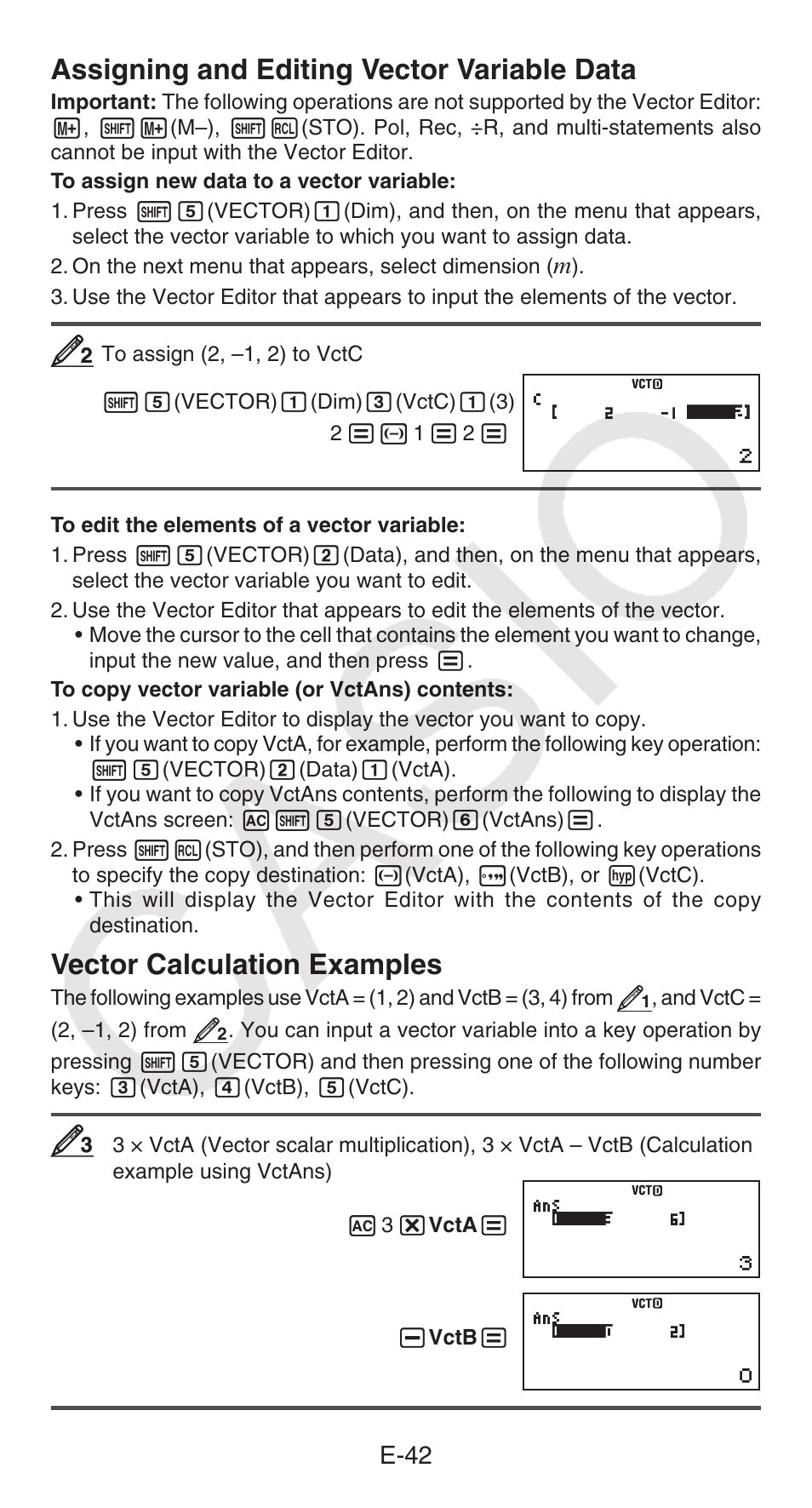 Assigning and editing vector variable data, Vector calculation examples, E-42 | Casio fx-115ES PLUS User Manual | Page 43 / 59