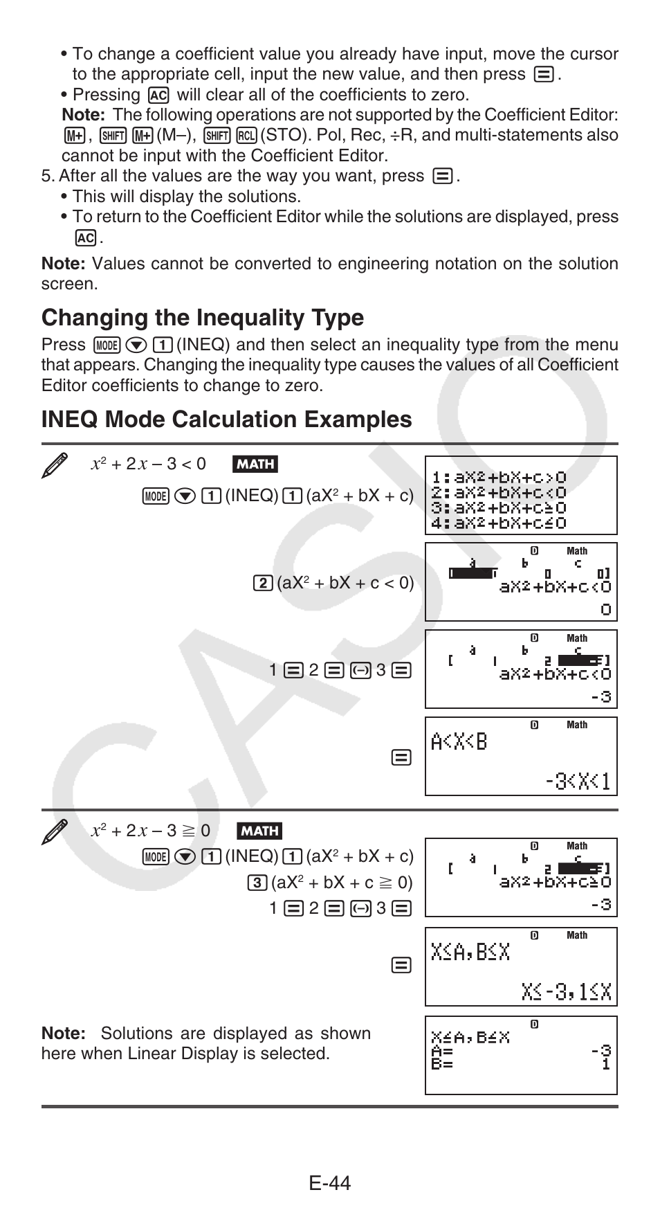 Changing the inequality type, Ineq mode calculation examples, E-44 | Casio fx-115ES PLUS User Manual | Page 45 / 59