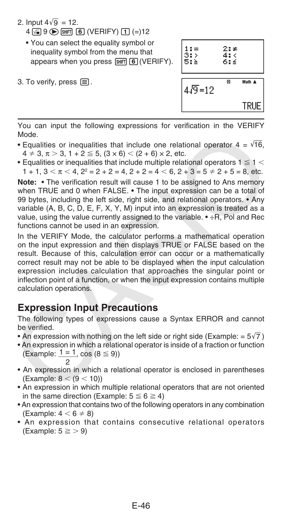 Expression input precautions, E-46 | Casio fx-115ES PLUS User Manual | Page 47 / 59