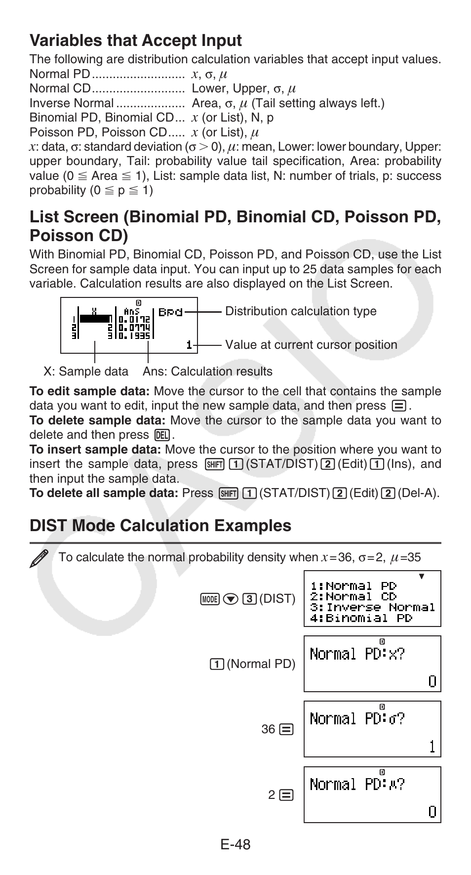 Variables that accept input, Dist mode calculation examples | Casio fx-115ES PLUS User Manual | Page 49 / 59