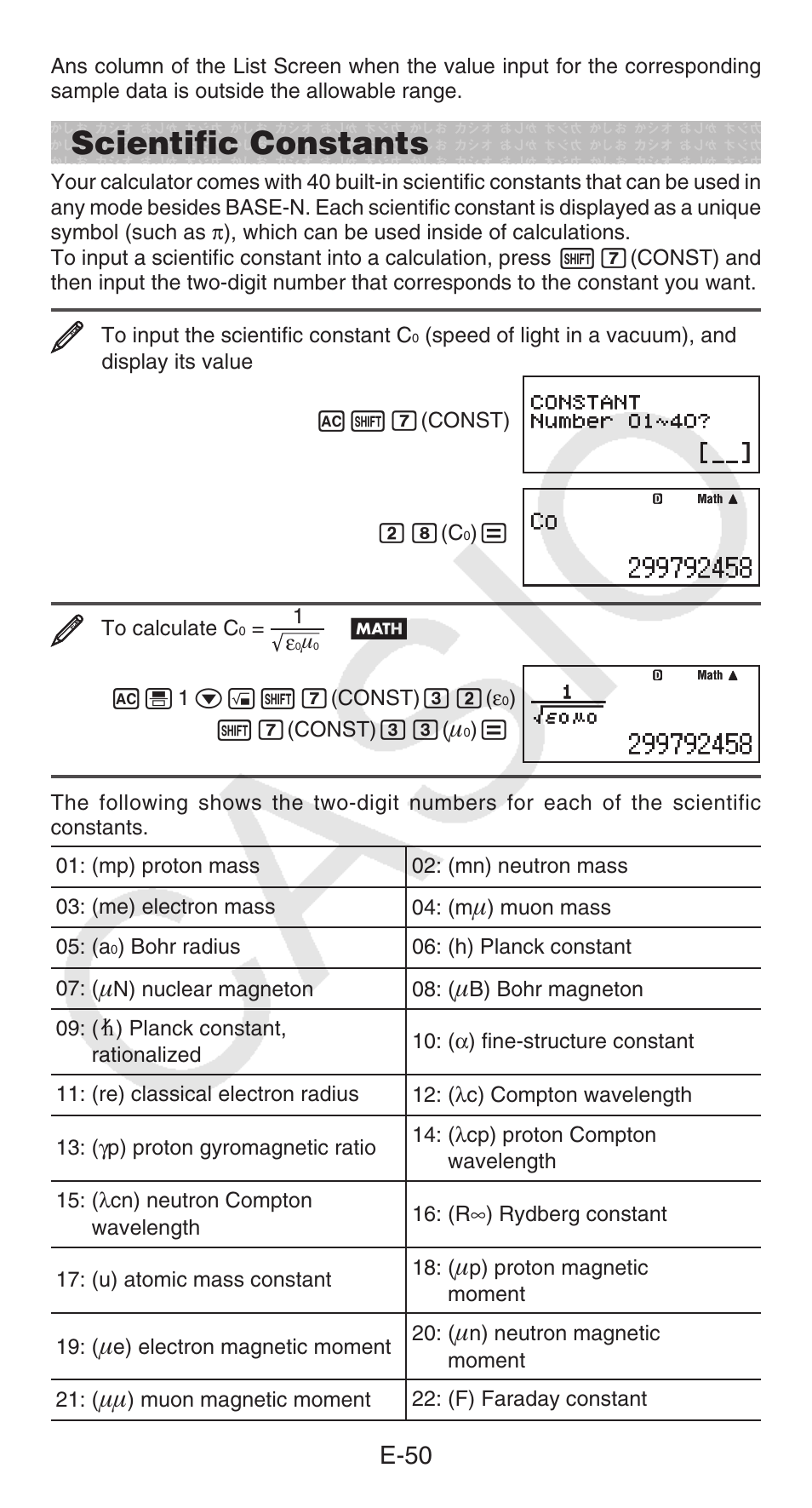 Scientific constants, E-50 | Casio fx-115ES PLUS User Manual | Page 51 / 59
