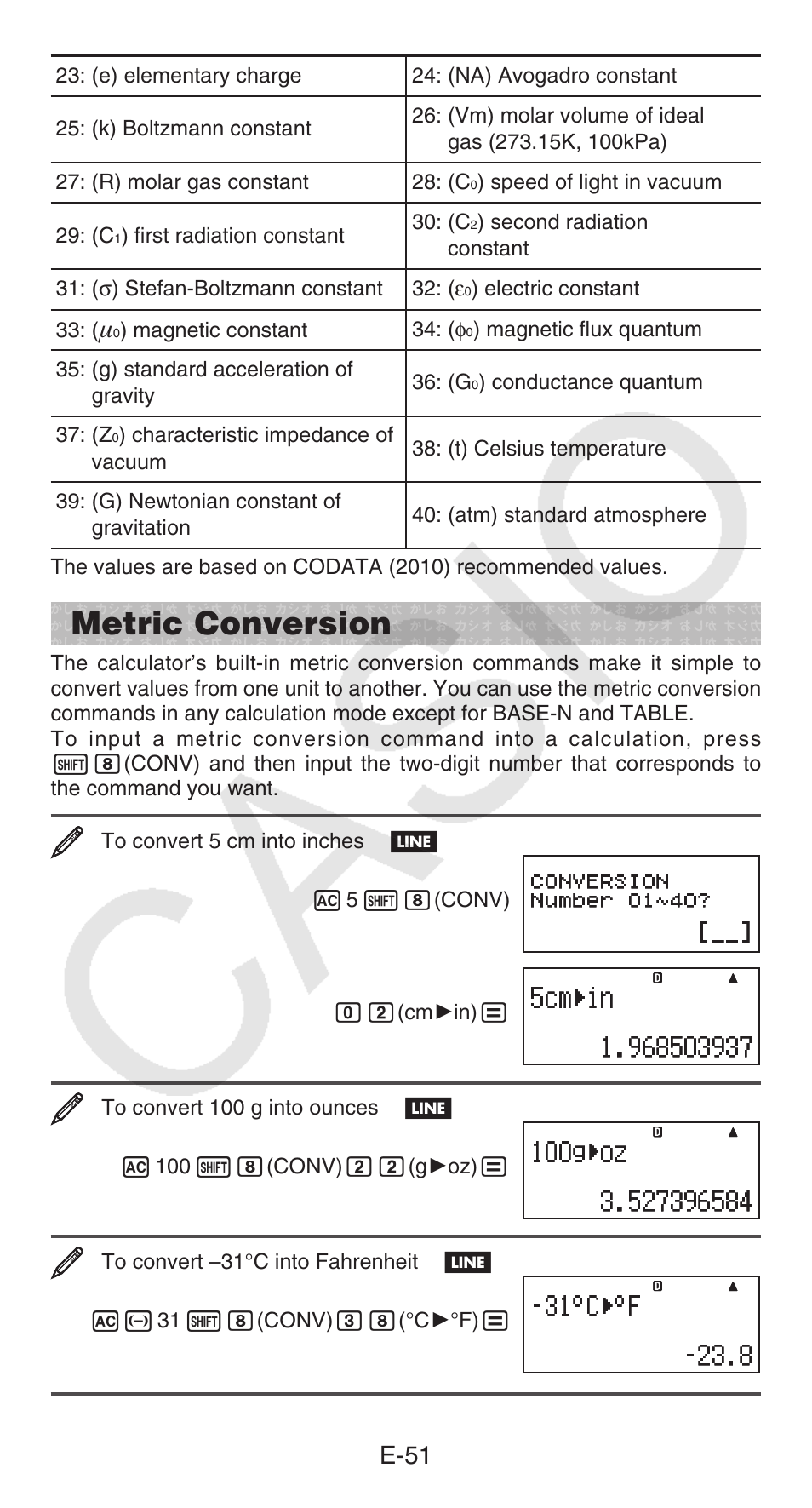 Metric conversion, E-51 | Casio fx-115ES PLUS User Manual | Page 52 / 59