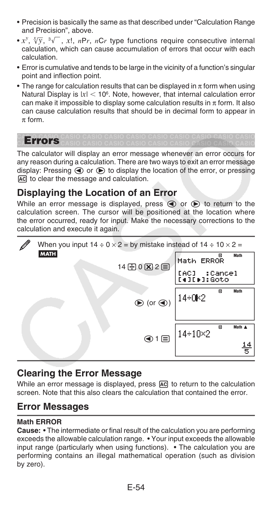 Errors, Displaying the location of an error, Clearing the error message | Error messages, E-54 | Casio fx-115ES PLUS User Manual | Page 55 / 59