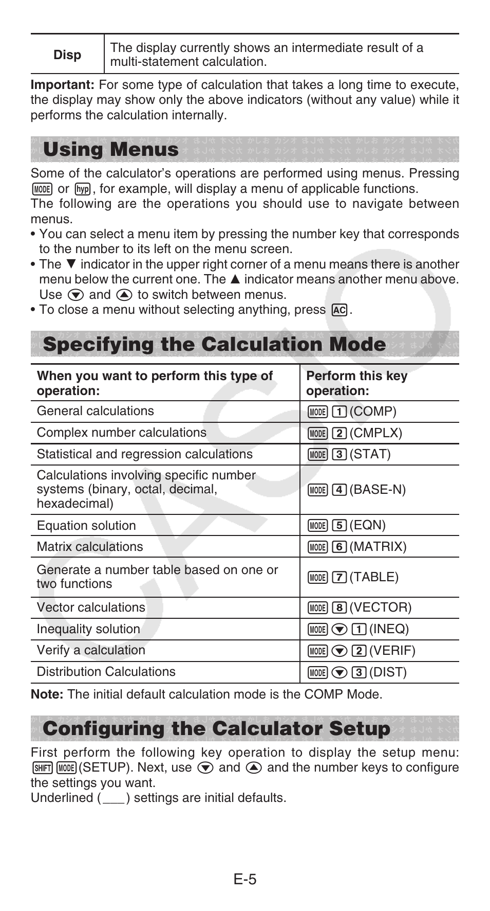 Using menus, Specifying the calculation mode, Configuring the calculator setup | Casio fx-115ES PLUS User Manual | Page 6 / 59